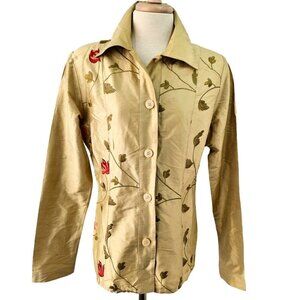 DB Sport 70s Gold Silk Embroider Fitted Blouse Sz S Collared Button Up Long Slv